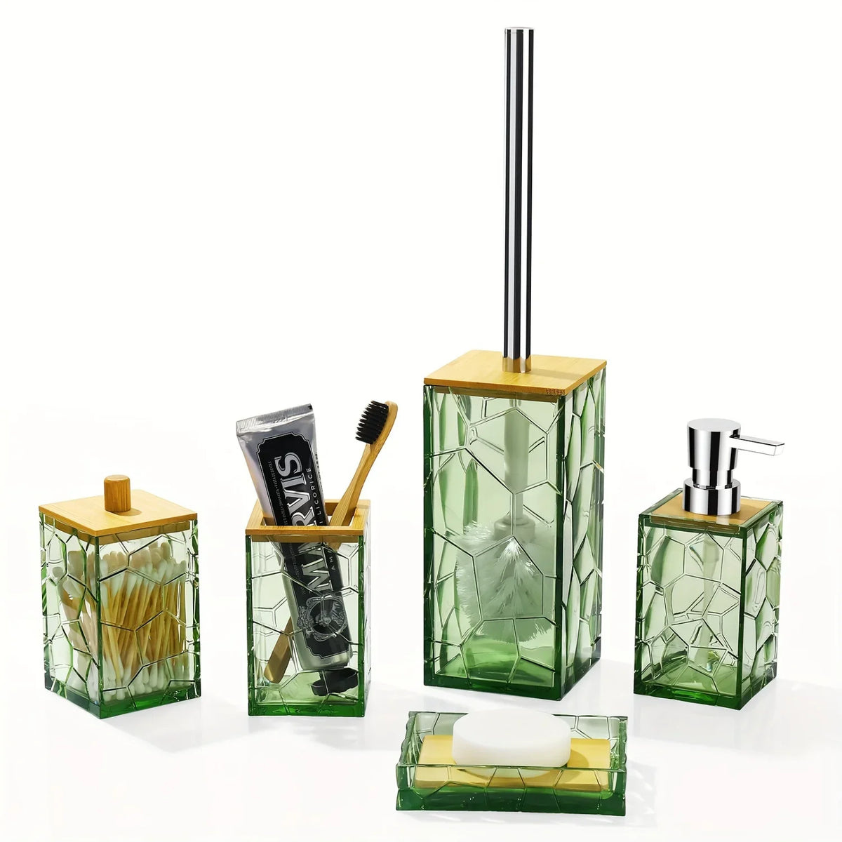 Bathroom Accessory Set, Acrylic Bamboo Accessories, Includes Toothbrush Holder, Soap Dispenser, Cotton Swab Holder, Soap Dish, T - Green