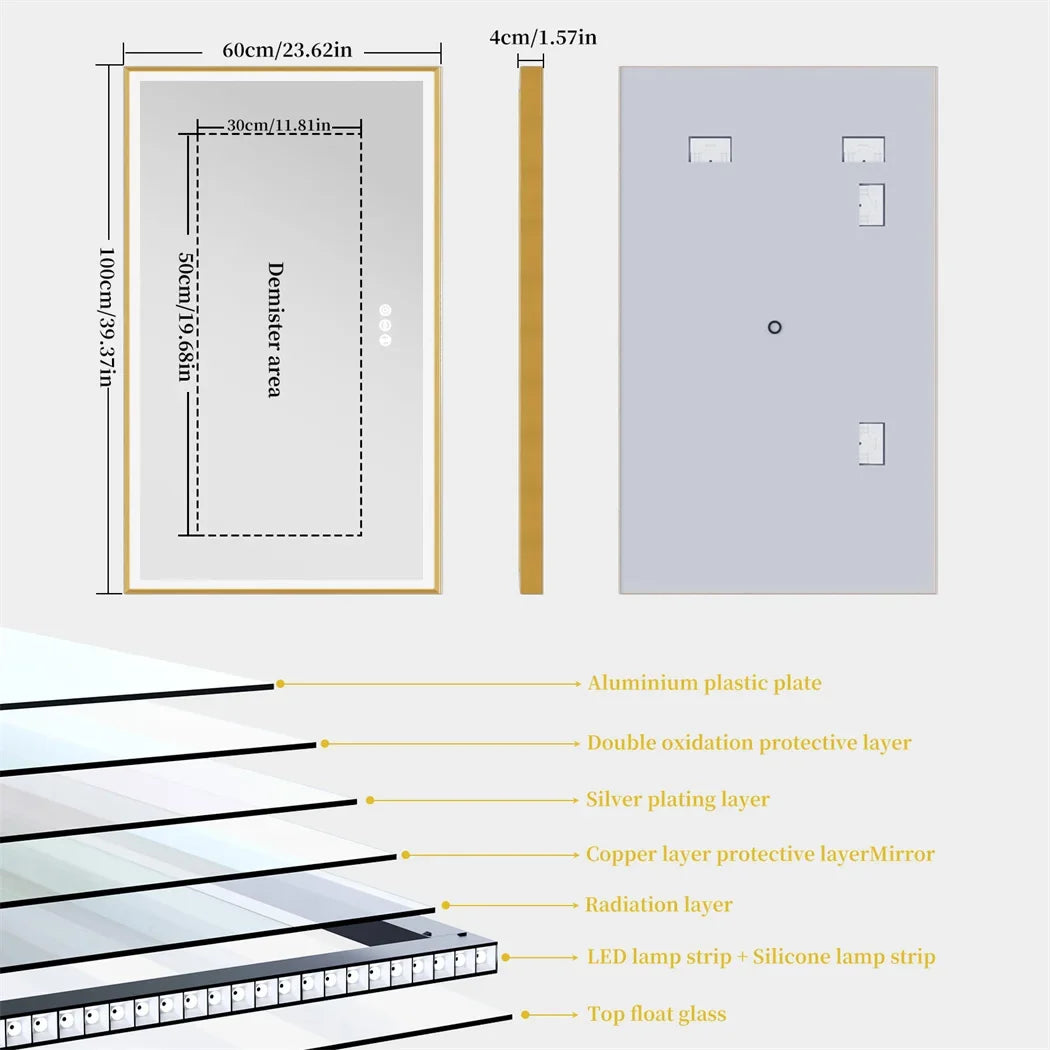 Illuminated mirror with golden frame and three-colored anti-fog led lights - 100x60CM (40x24 inches)