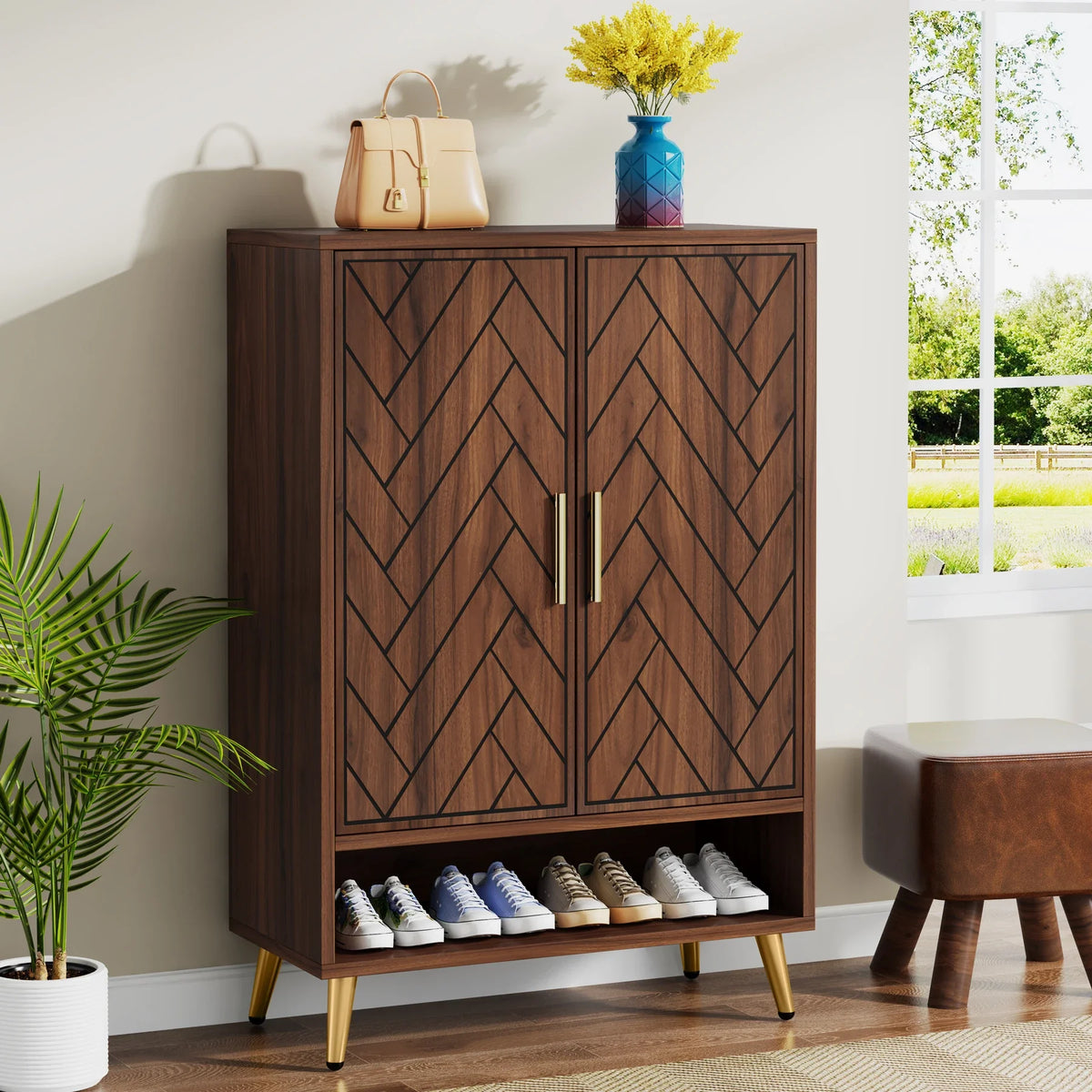 Tribesigns 6-Tier Shoe Cabinet with Doors, Walnut Wooden Shoe Storage Cabinet with Adjustable Shelves for Entryway - view 3