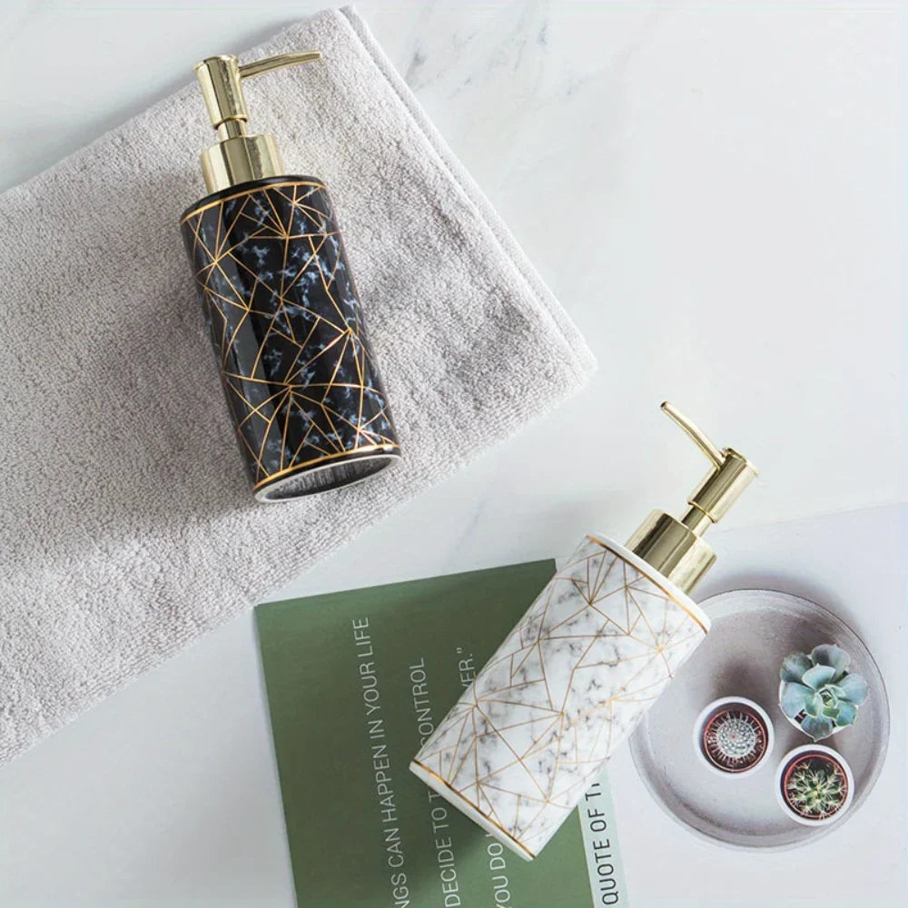 1pc Marble Pattern Ceramic Soap Dispenser,10.14oz Press Type Lotion Dispenser, Refillable Empty Bottle For Shampoo Shower Gel, B - view 4