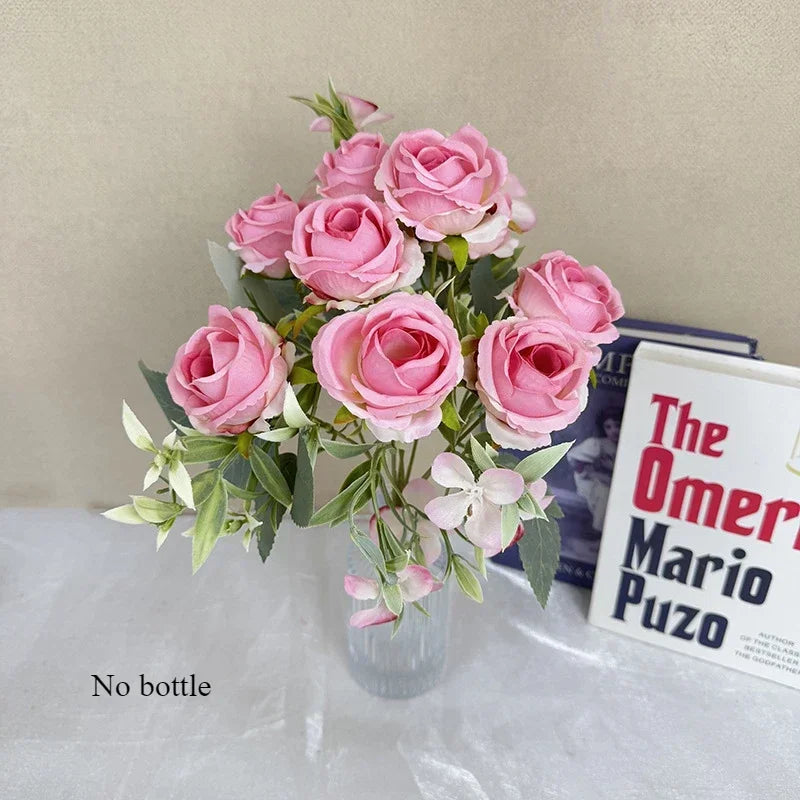 9-Head Artificial Silk Rose Bouquet, Purple Pink Heart and White - Dark Pink