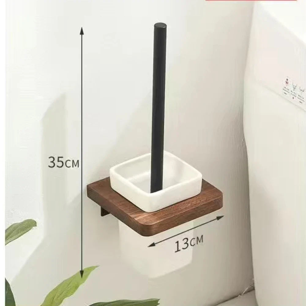 Wall-Mounted Toilet Brush Holder Set, Ceramic Base, Solid Wood, Luxury Bathroom Accessories, No Dead Corner - Toilet Brush Holder