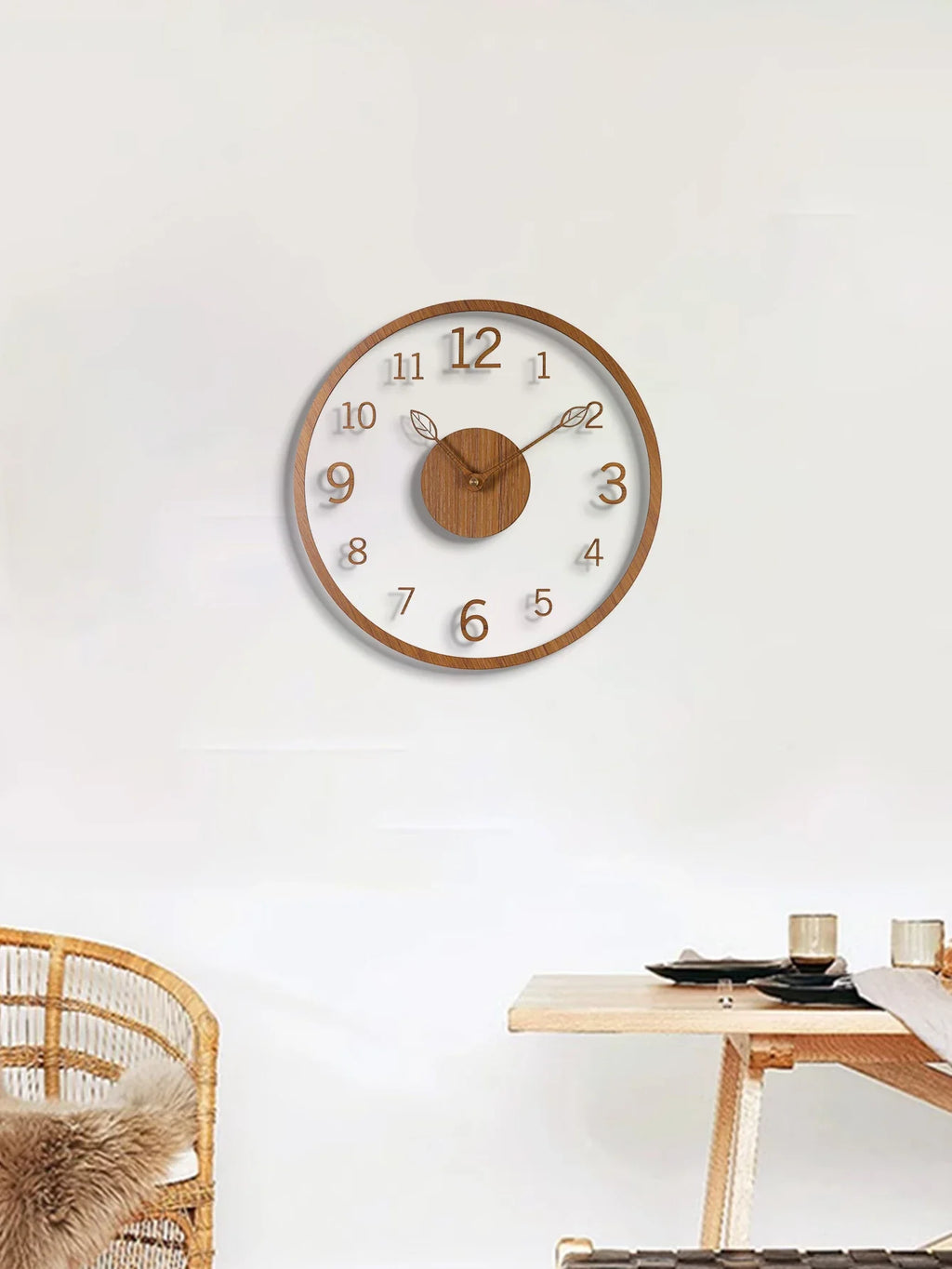 Transparent minimalist wall clock, tree leaf pointer, wood grain wall clock, silent living room, bedroom, office, and holiday de - view 4