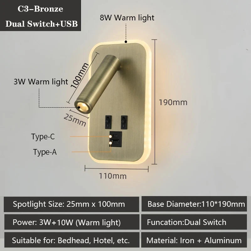 Modern wall sconce with usb ports and adjustable reading lamps - Warm White (2700-3500K) / C3 / LED 3W and 8W