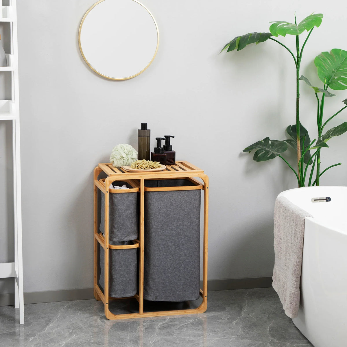 HOMCOM bamboo laundry hamper 3 removable fabric bags 50x32x69,7 cm - view 2