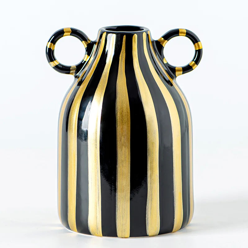 Double Ear Ceramic Vase, Abstract Black and White Striped Hydroponic Vase, Living Room Decoration, Room Aesthetic Decoration - F
