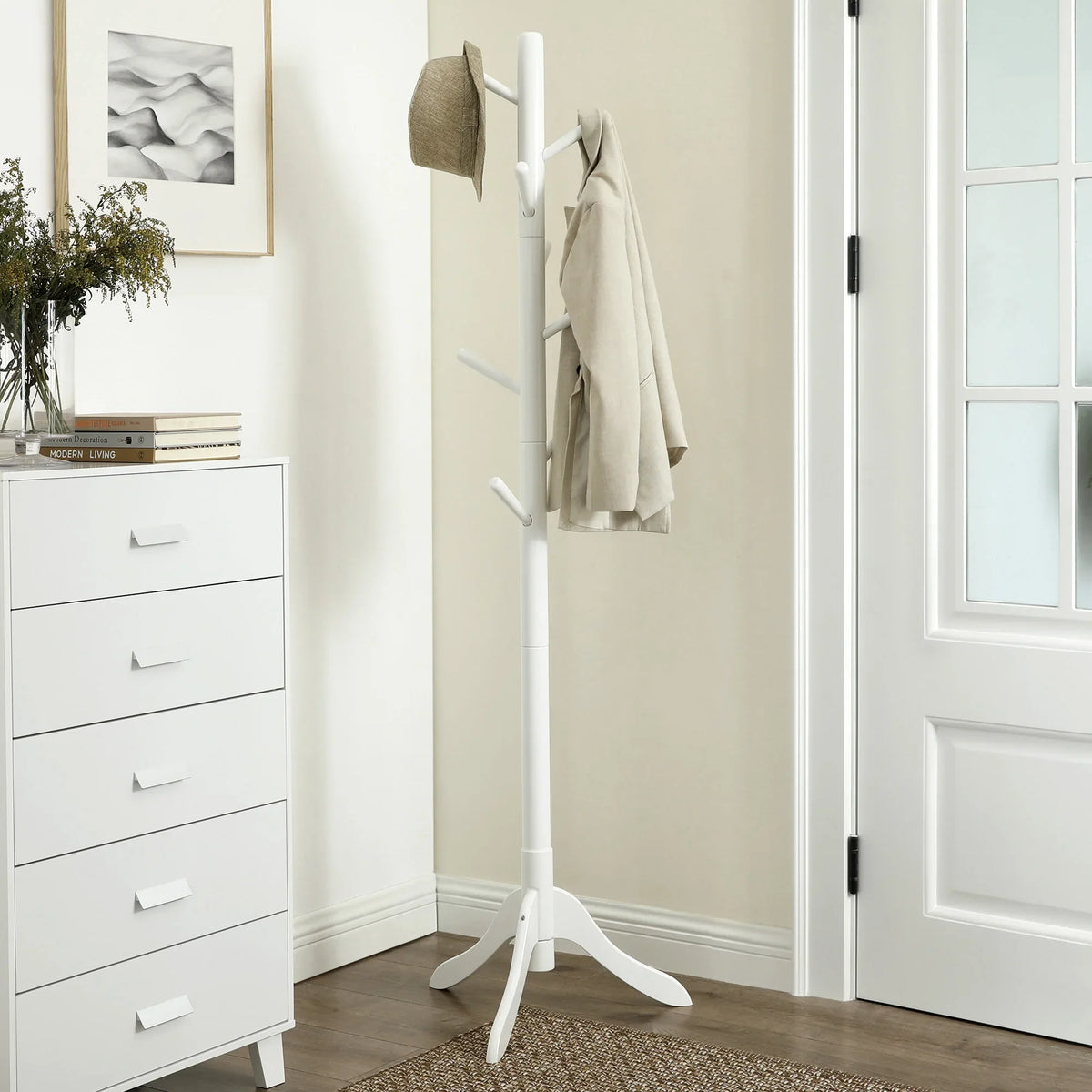 White Tree-Shaped Wooden Coat Rack with 8 Hooks and 3 Heights - view 4