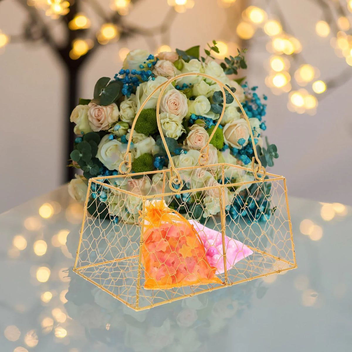 Hand basket metal for wedding with decorative handle - view 2