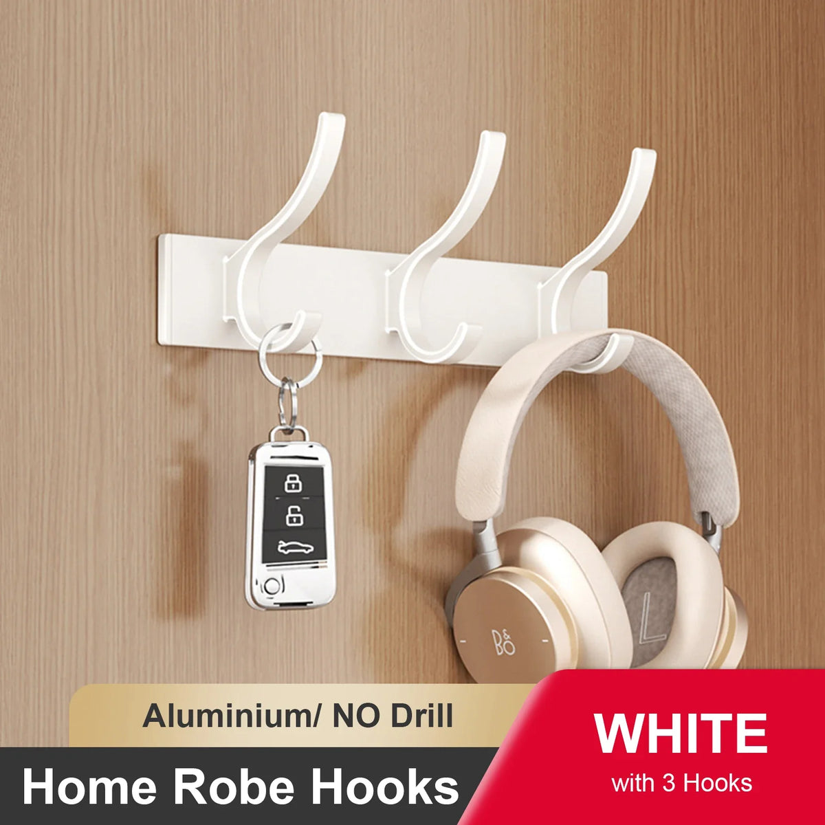 Wall adhesive hook for clothes and towels without drilling - White 3 Hooks