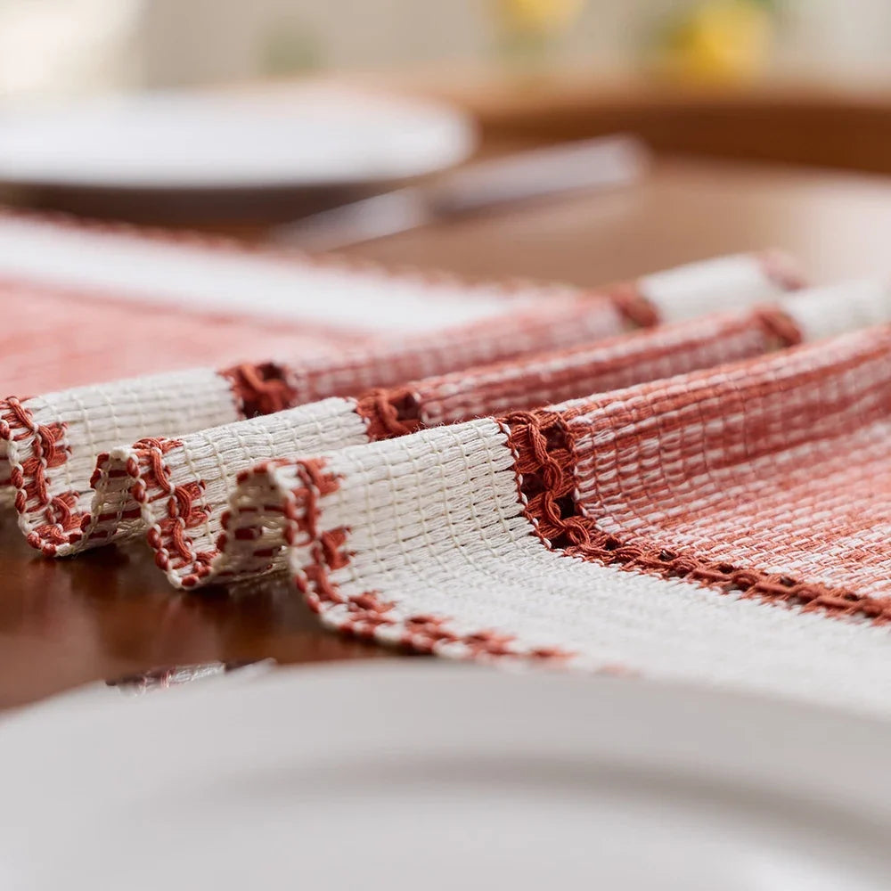 Bohemian Red and Beige Striped Table Runner with Pom-Poms, Style Two - view 6