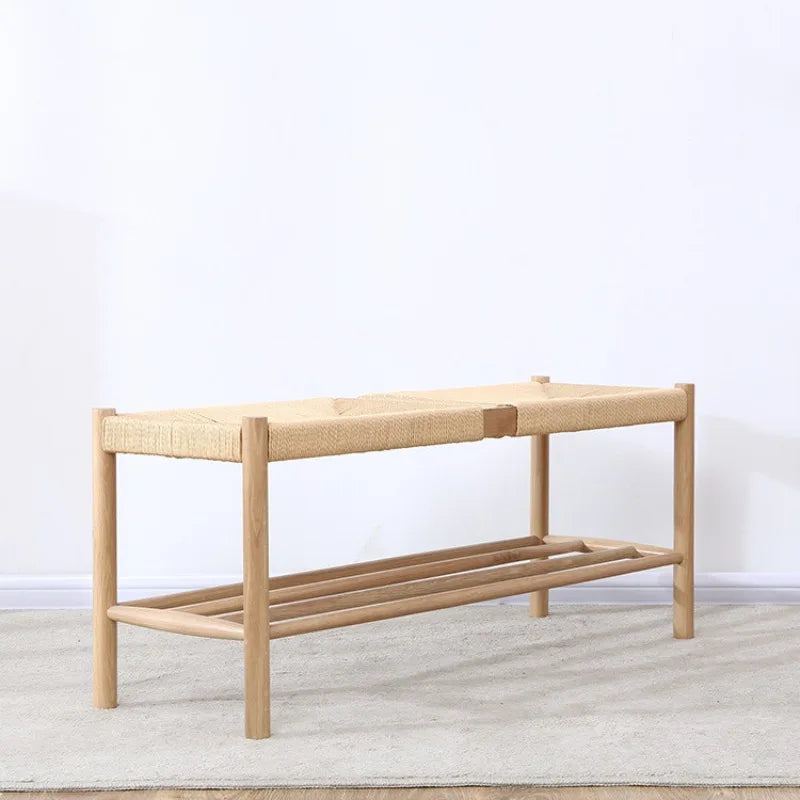 Nordic solid wood bench with braided rope simple design - view 2