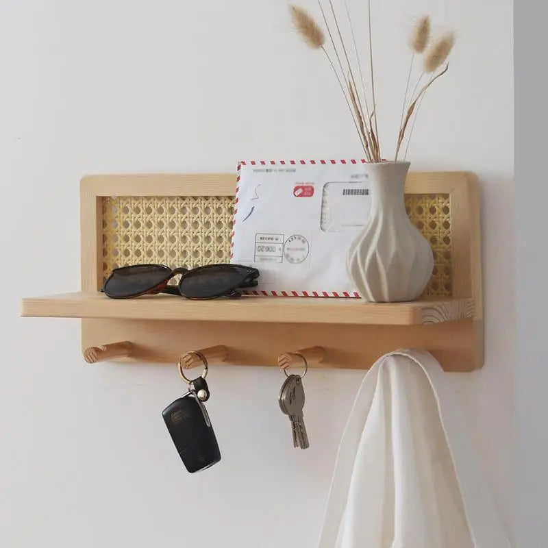 Wall shelf in rattan and wood with rustic and bohemian hooks - view 2