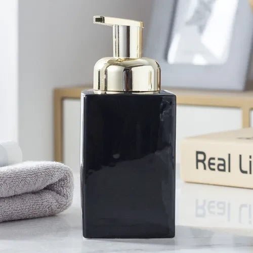 Ceramic soap dispenser with golden pump for bathroom - D