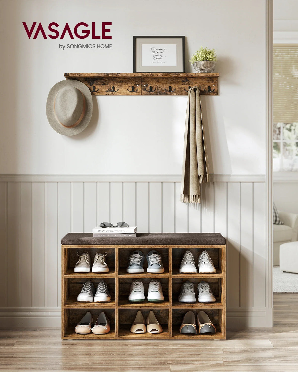 VASAGLE Shoe Bench, Storage Bench with Padded Seat, with Cushion, 9 Compartments, Adjustable Shelves, for Living Room, Hallway