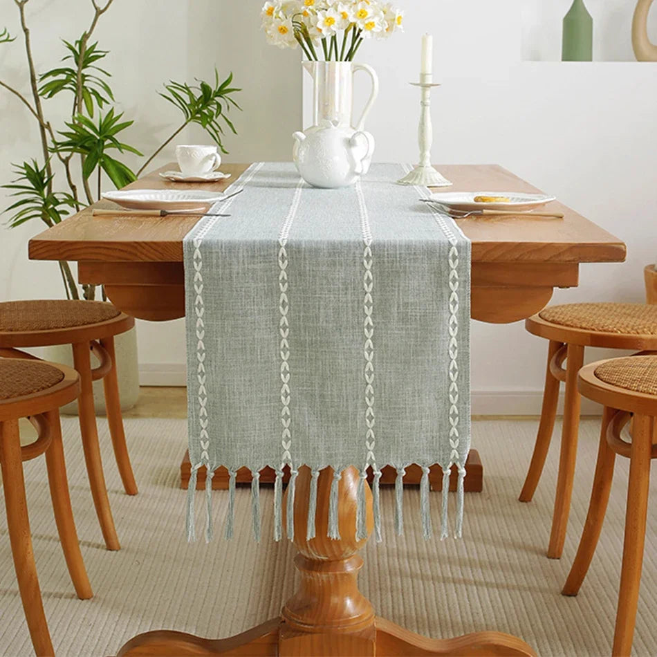 Bohemian embroidered table runner with woven pom-poms - view 5