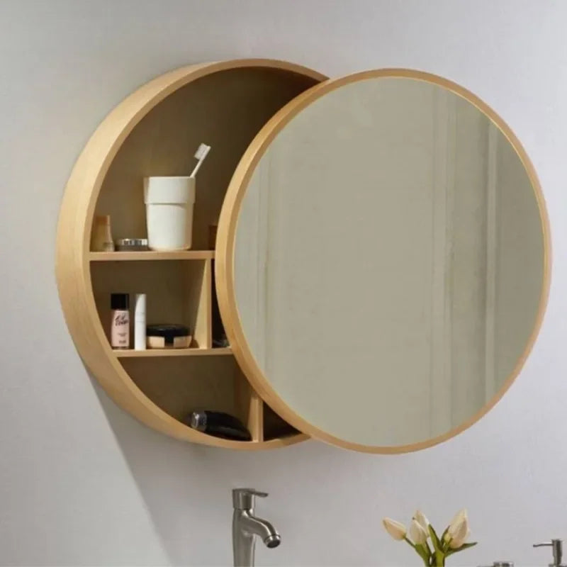 Wall storage cabinet with round decorative mirror - Gold / Diameter 50CM