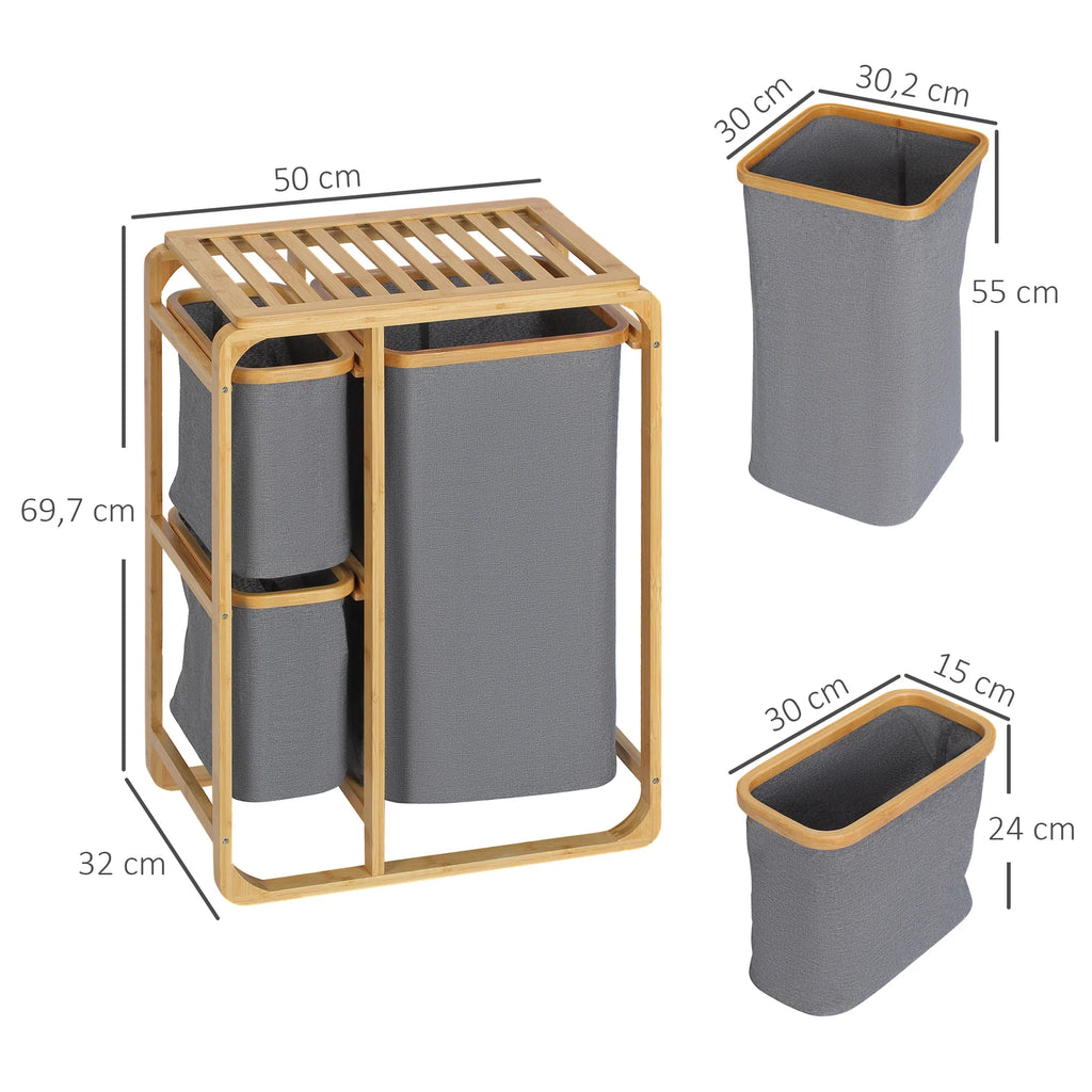 HOMCOM bamboo laundry hamper 3 removable fabric bags 50x32x69,7 cm - view 3