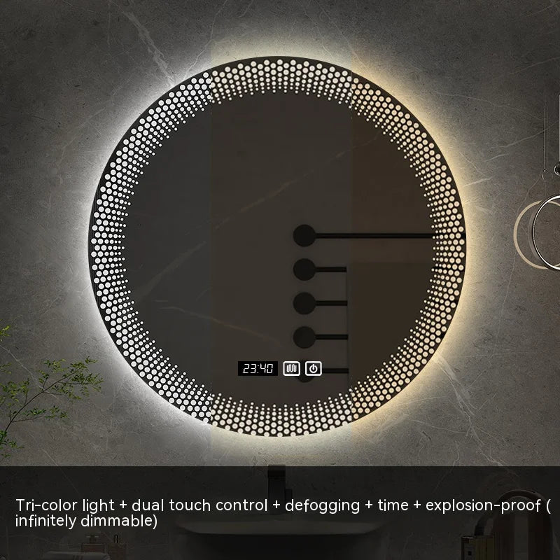 LED round mirror with adjustable backlight and intelligent anti-fog - Tricolor Time Display