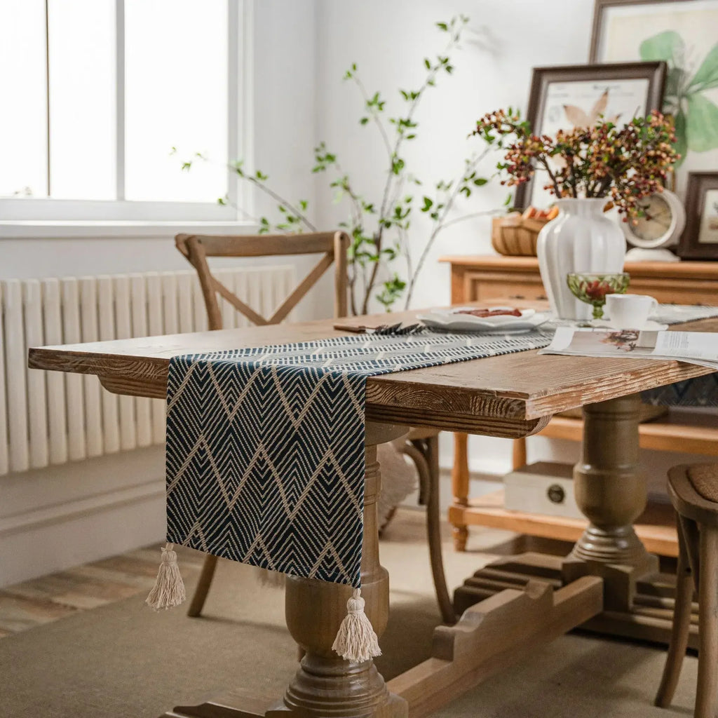 Structured Beige and Black Geometric Table Runner with Pom-Poms - Meal mat-30cm