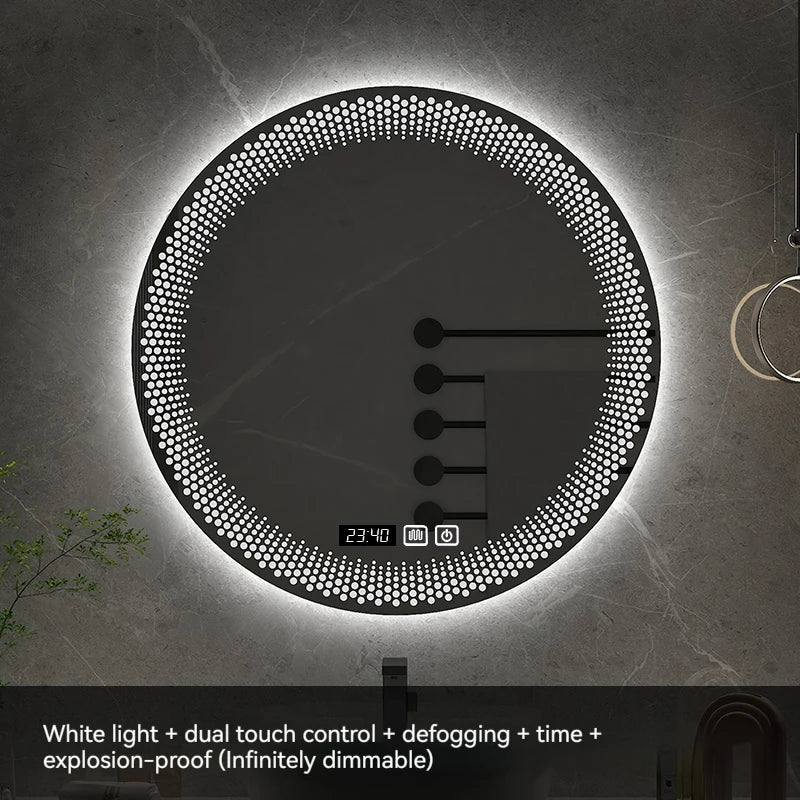 LED round mirror with adjustable backlight and intelligent anti-fog - White Time Display