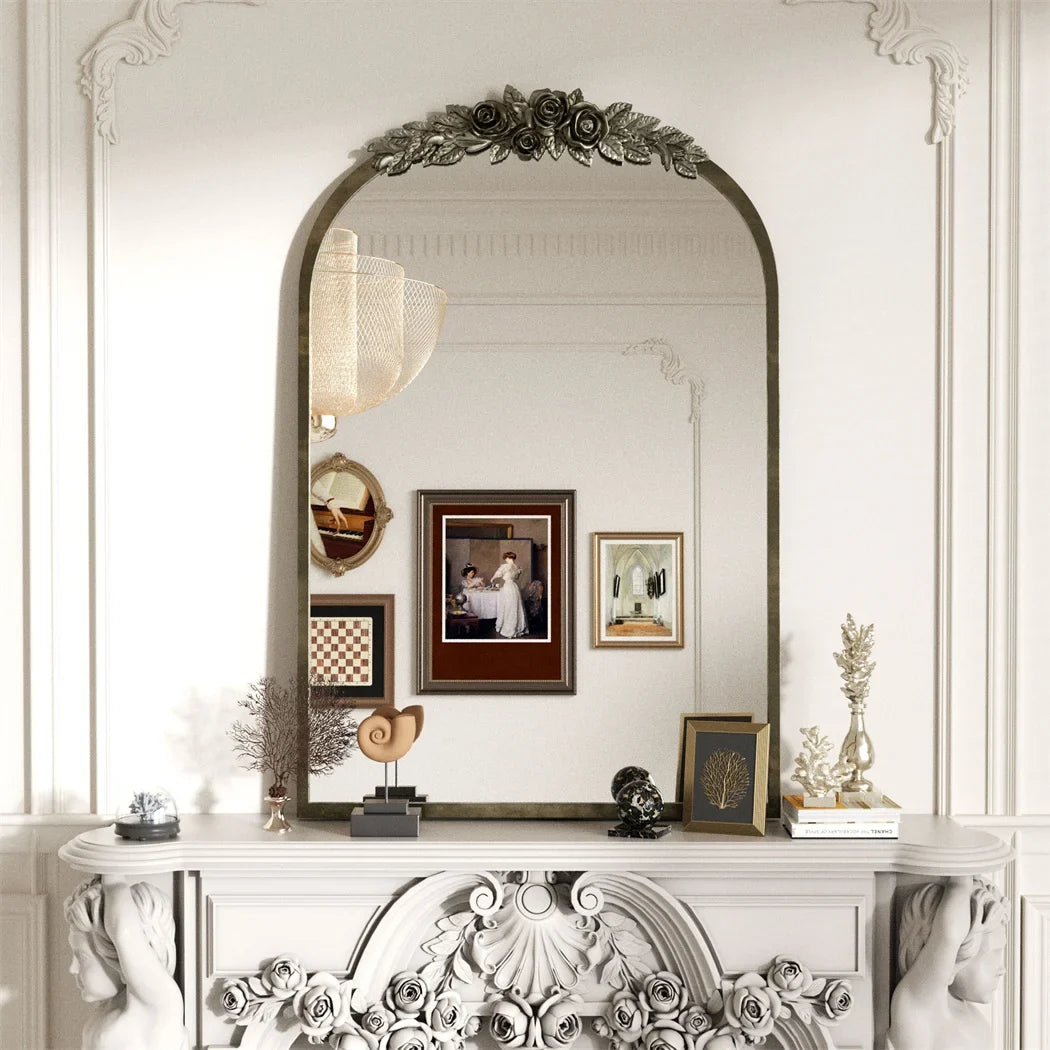 Antique Brass Arched Wall Mirror with Rose Accent for Fireplace