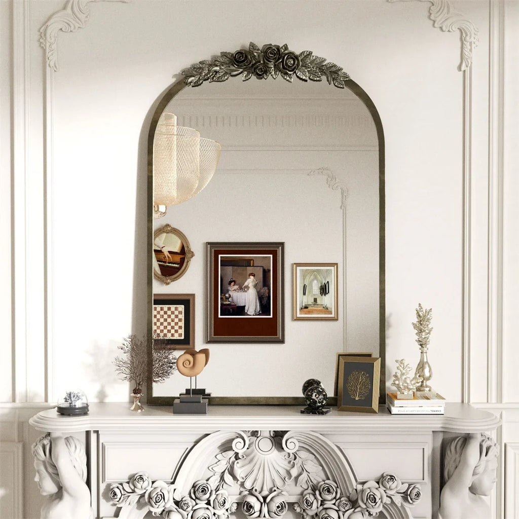 Antique Brass Arched Wall Mirror with Rose Accent for Fireplace - Brass Gold / 82x82cm