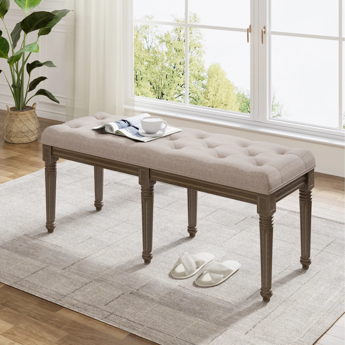 Wooden upholstered entrance bench for footwear and storage