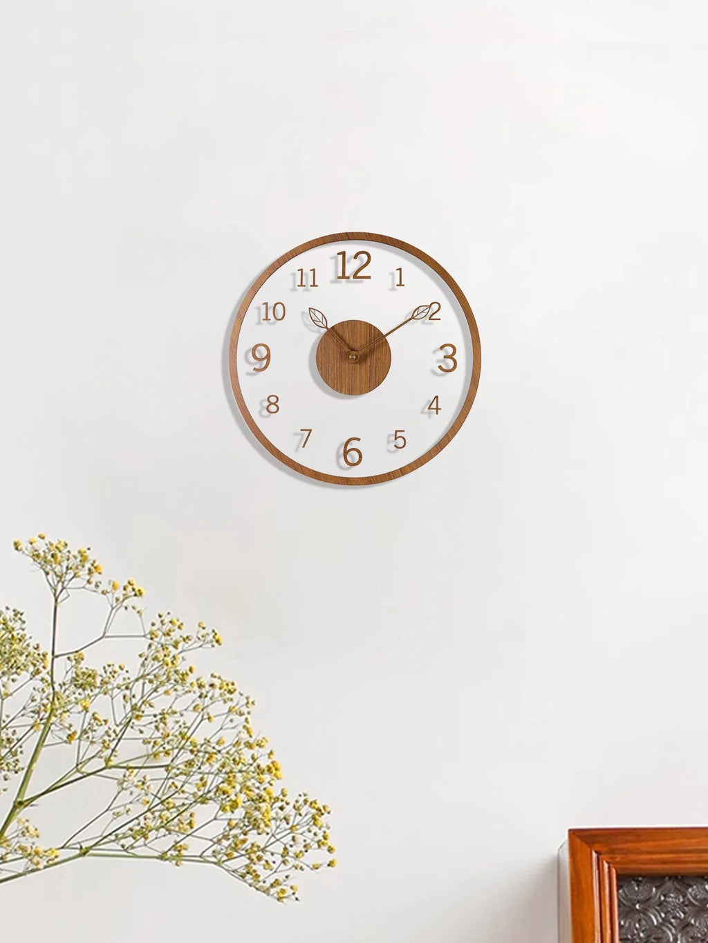 Transparent minimalist wall clock, tree leaf pointer, wood grain wall clock, silent living room, bedroom, office, and holiday de - view 5