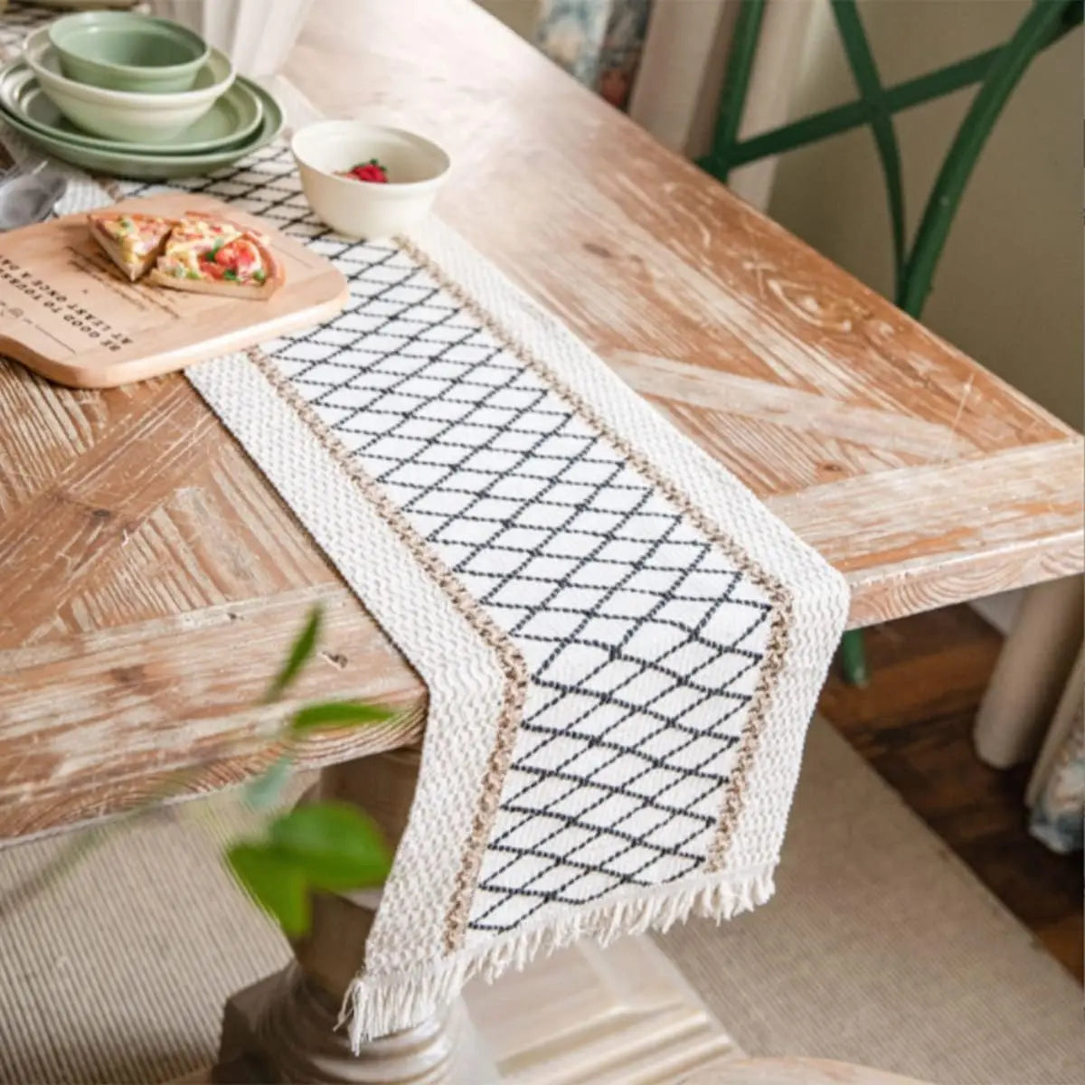 Beige Woven Geometric Bohemian Table Runner with Pom-Poms - view 2
