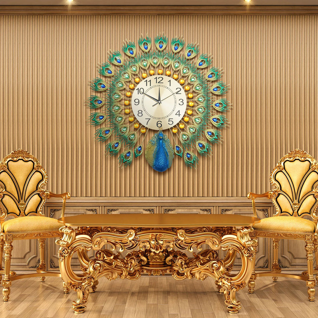 Silent metal wall clock decorative peacock pattern interior