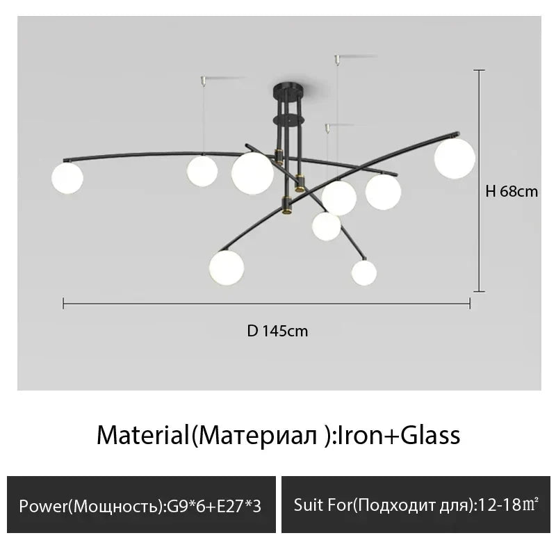 Modern glass chandelier Nordic style for interior decoration - Black Head-9 / Warm Light 3000K
