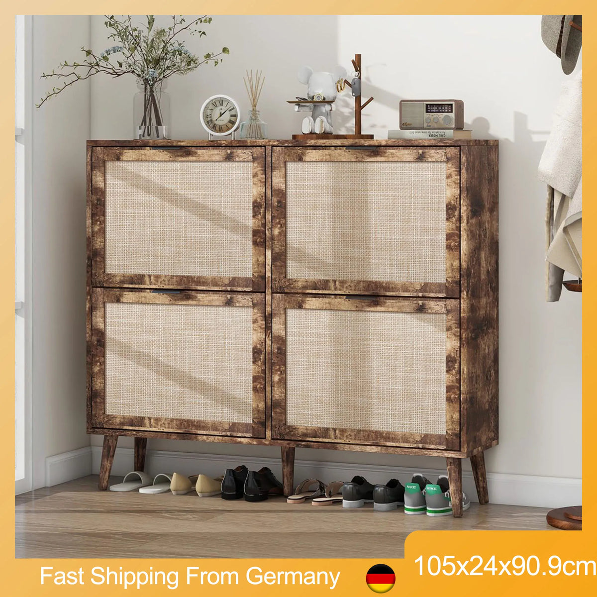 Shoe Cabinet Retro Country House Style, with 4 Rattan Flaps, Wooden Shoe Rack, Shoe Storage Chest for 20-36 Pairs of Shoes