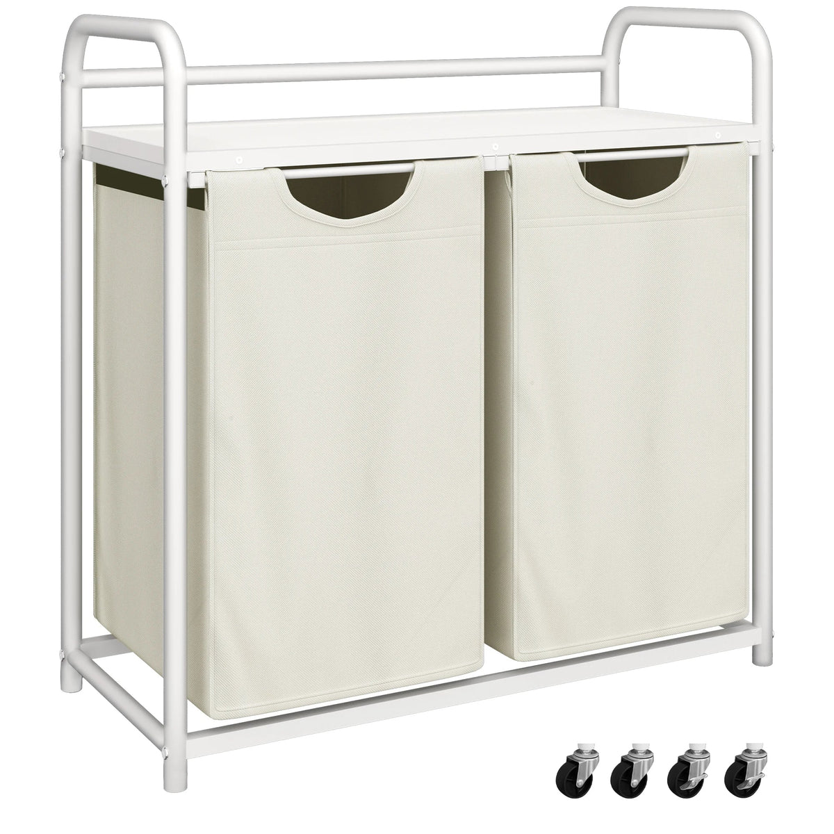 Laundry Basket, 2 Compartments, 2 x 46L, Laundry Hamper with 1 Shelf, Laundry Sorter, Laundry Bag, Extendable and Removable, Per - WHITE