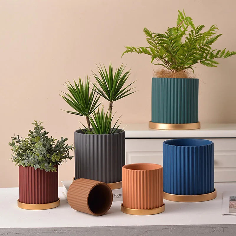 Ceramic flower jar vertical lines for indoor plants