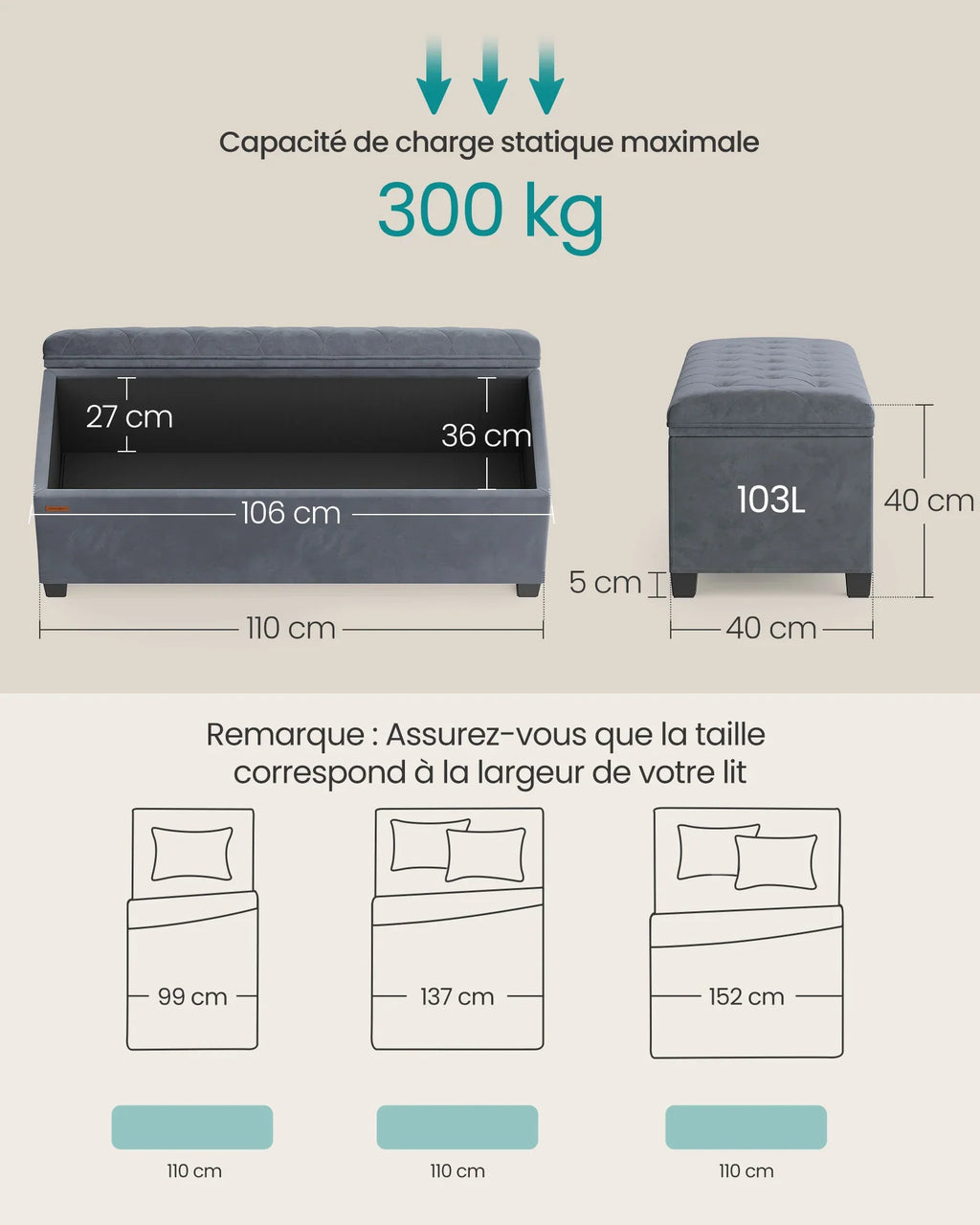 SONGMICS Stool with Storage Space, Bench with Legs, 40 x 110 x 40 cm Footstool, Storage Box, Maximum Load 300 kg - view 5