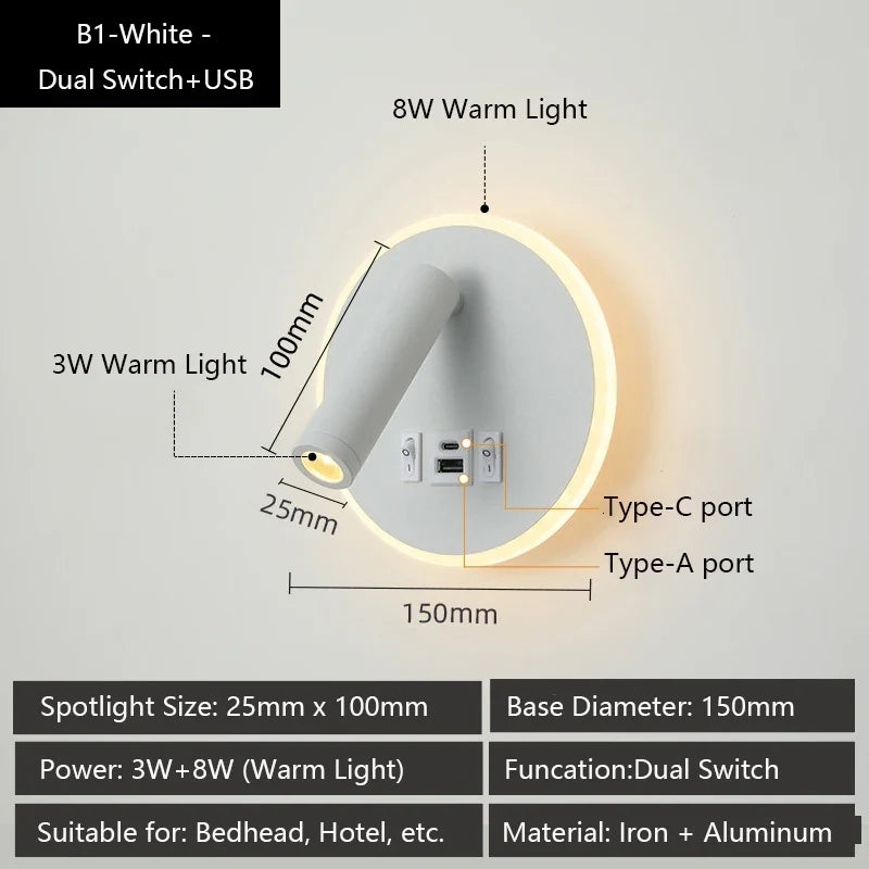 Modern wall sconce with usb ports and adjustable reading lamps - Warm White (2700-3500K) / B1 / LED 3W and 8W