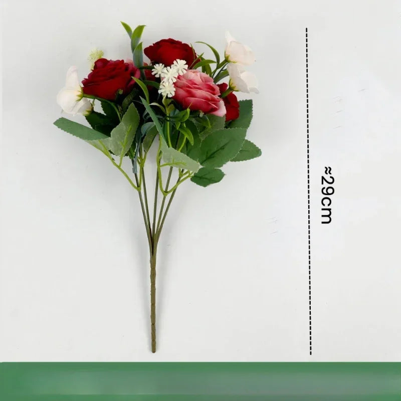 Set of 3 Artificial Silk Rose Bouquets with Plastic Stems - Red Wine