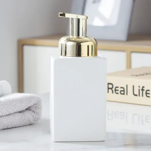 Ceramic soap dispenser with golden pump for bathroom - E