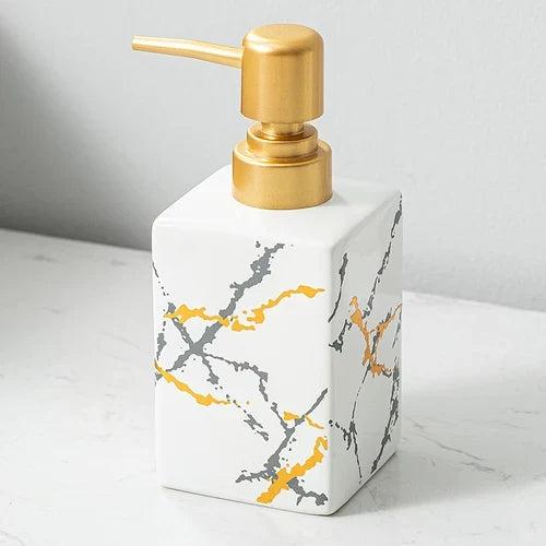 Ceramic soap dispenser with golden pump for bathroom - J