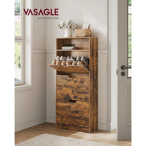 3 Doors Battling Shoe Cabinet, Open compartment, Adjustable separator, 14 to 18 Pairs, 24 x 60 x 139 cm, Brown
