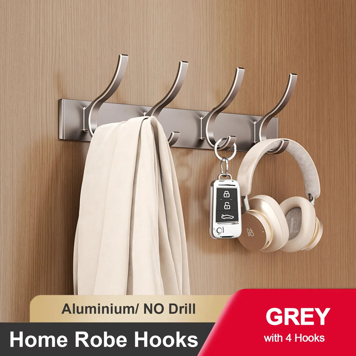 Wall adhesive hook for clothes and towels without drilling - Gray 4 Hooks