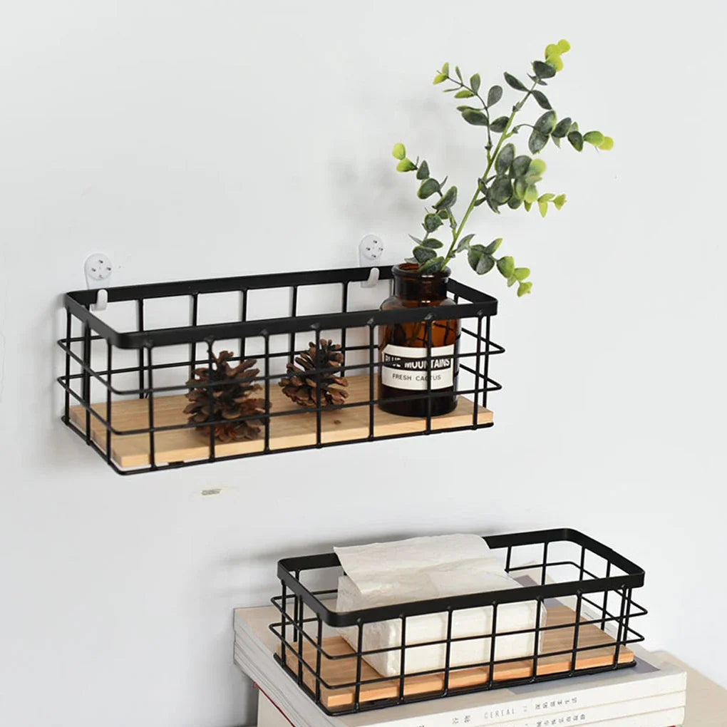Hanging storage basket in metal and wood for cosmetics - view 4