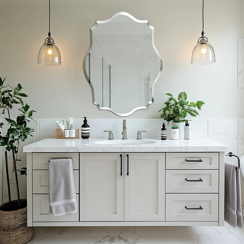 LUVODI Minimalist Frameless Wall Hanging Mirror Asymmetrical Vanity Mirror with Beveled Edge for Bathroom,Entryway - view 2