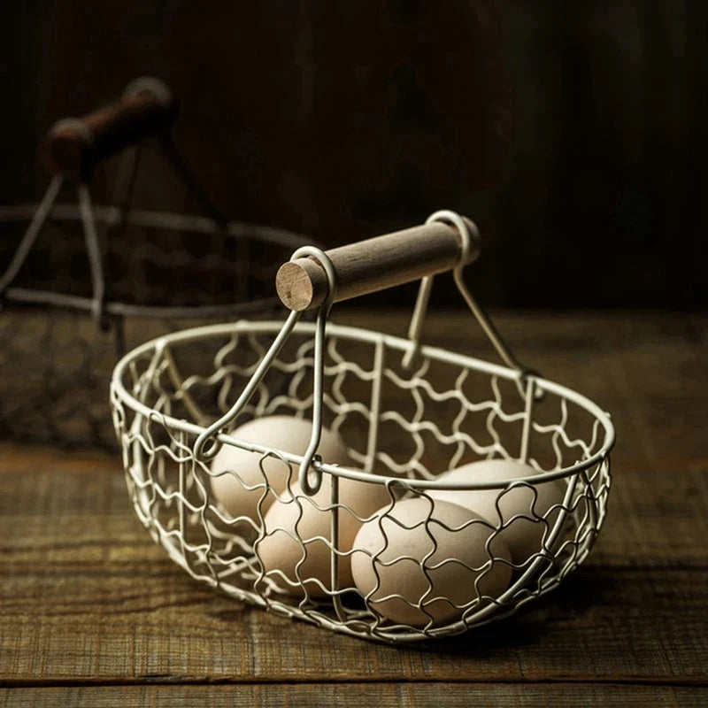 Basket made of iron for vegetable fruits and bread with wooden handle - view 5