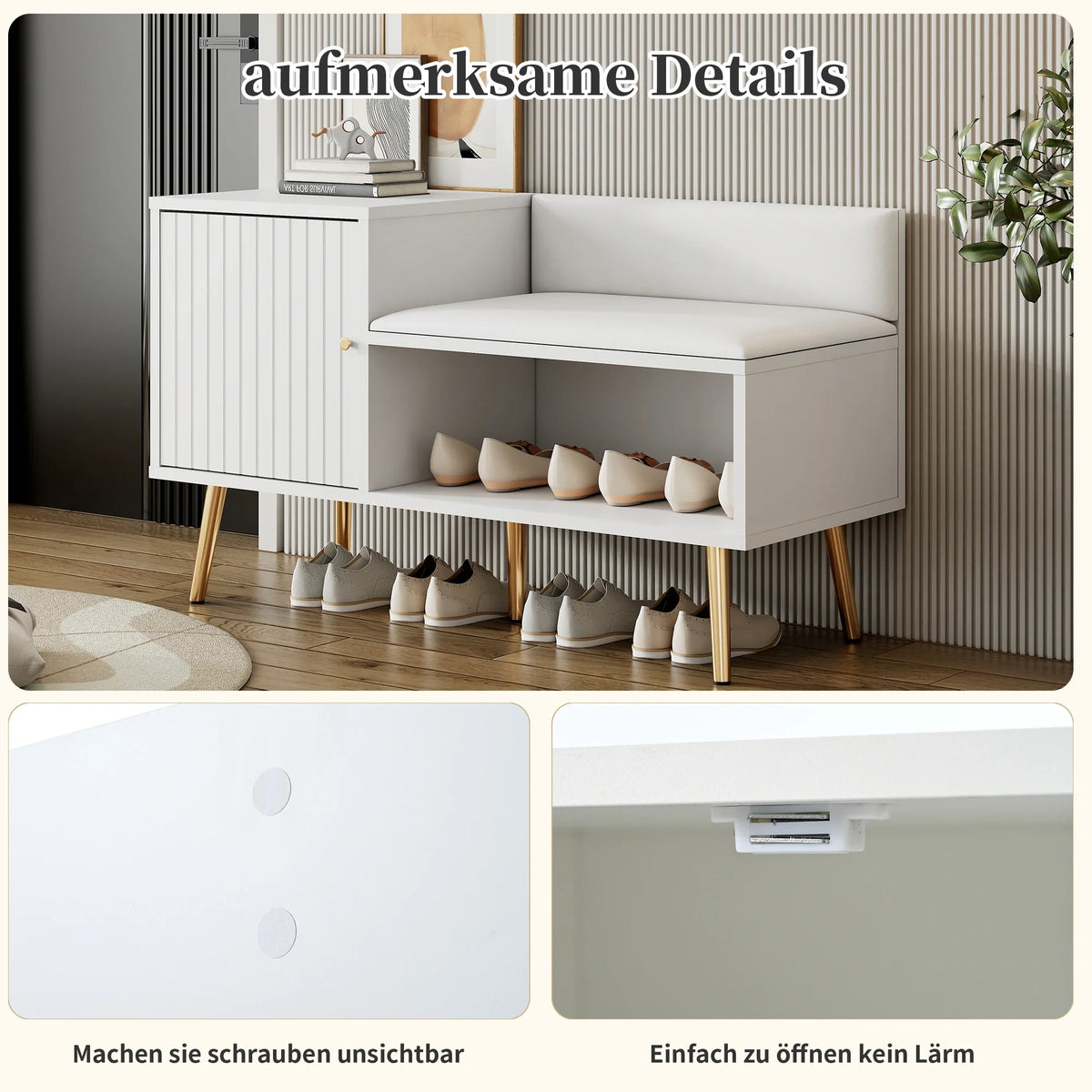 Modern luxury shoe chest in white with storage, upholstered bench and backrest shoe rack with metal handles and Meta - WF317984AAA