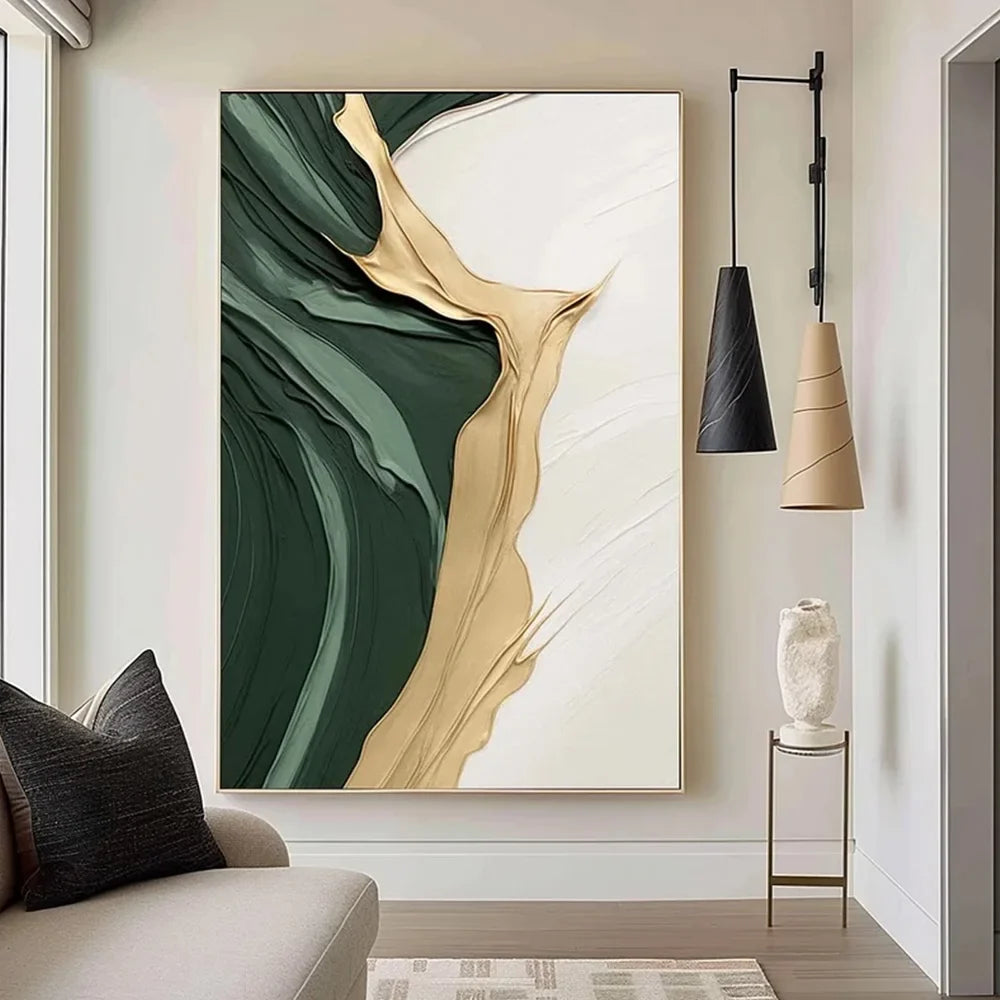 Abstract painting minimalist gold and green in relief wall decoration