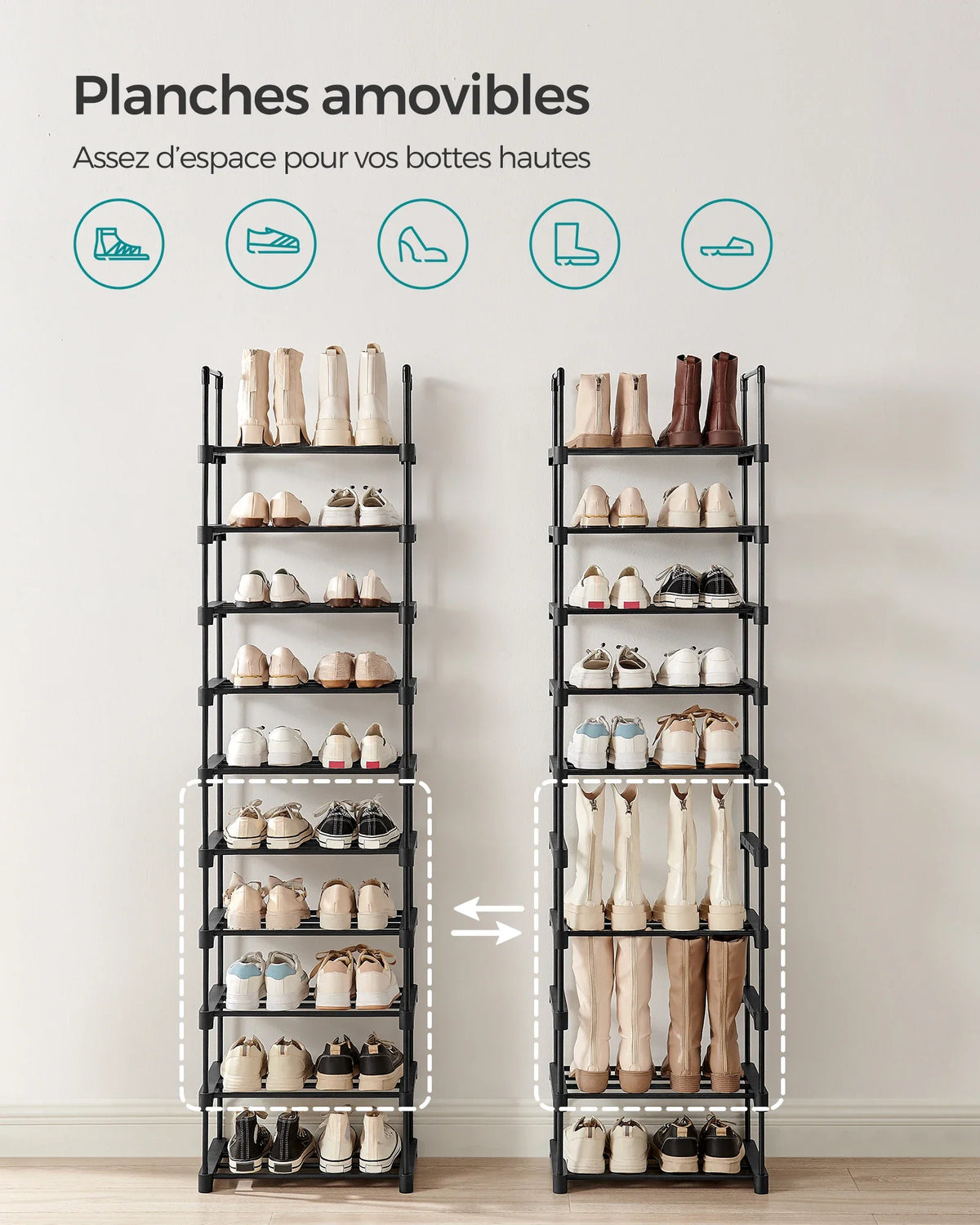 SONGMICS Shoe Rack, 10-Tier Metal Shoe Storage Organiser, Customisable Design, Metal Frame, Space-Saving Rack - view 2