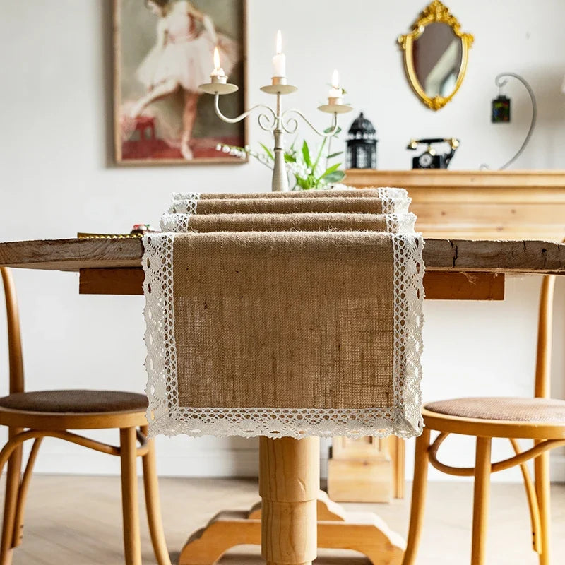 Table runner canvas jute beige champetre pom-poms - 30X120cm 1pc