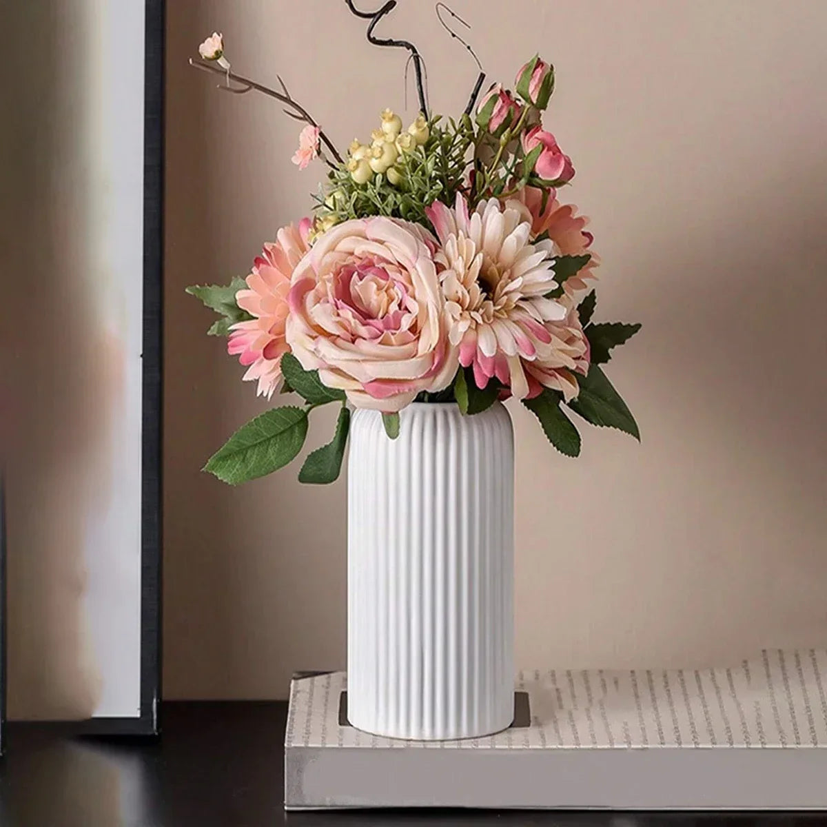 Striped Ceramic-Like Plastic Vase for Flowers, Decorative Floral Arrangement Display, Creative Little Flower Vase - view 3