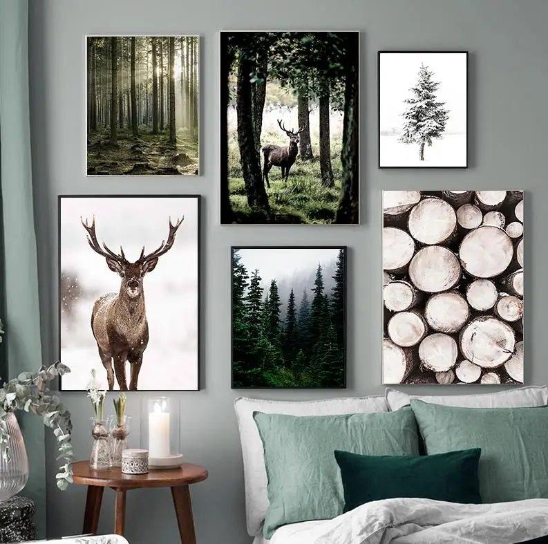 Winter forest deer owl landscape northern wall art - view 2